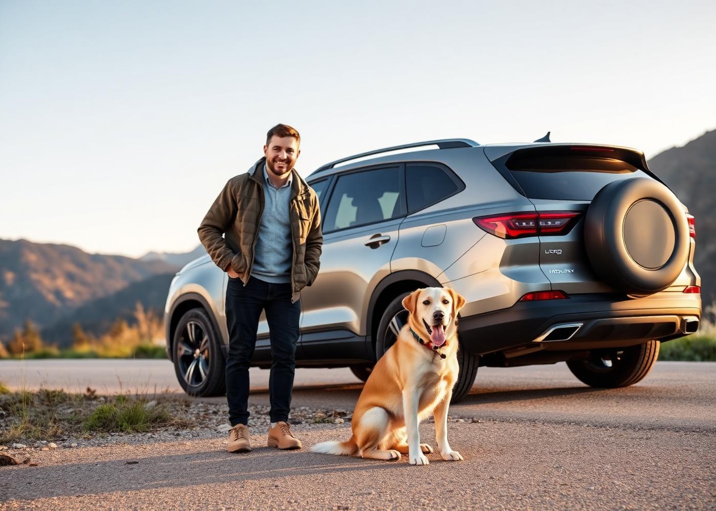 Dog owner traveling by car with a comfortable dog using NausX dog travel health support