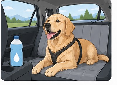 Calm dog harnessed in the back seat of a car during a road trip