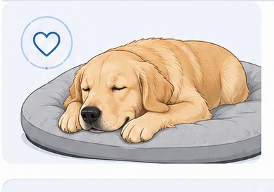 Dog resting peacefully on a bed after travel